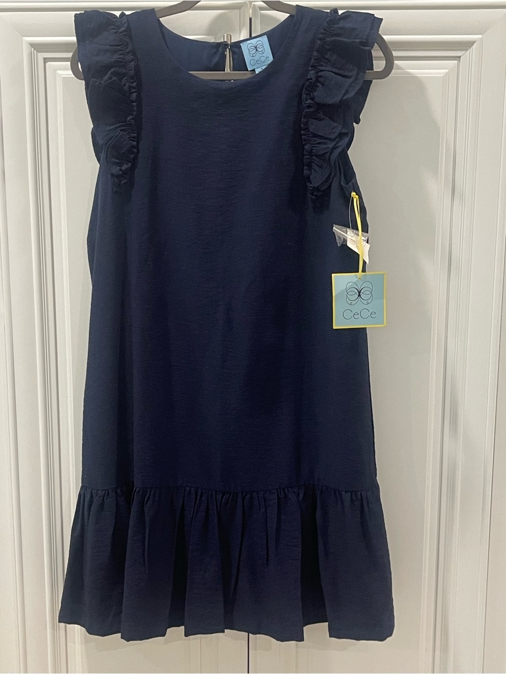 NWT CeCe Navy Blue Flutter Sleeve Shift Dress Sleeveless ruffles size 8
